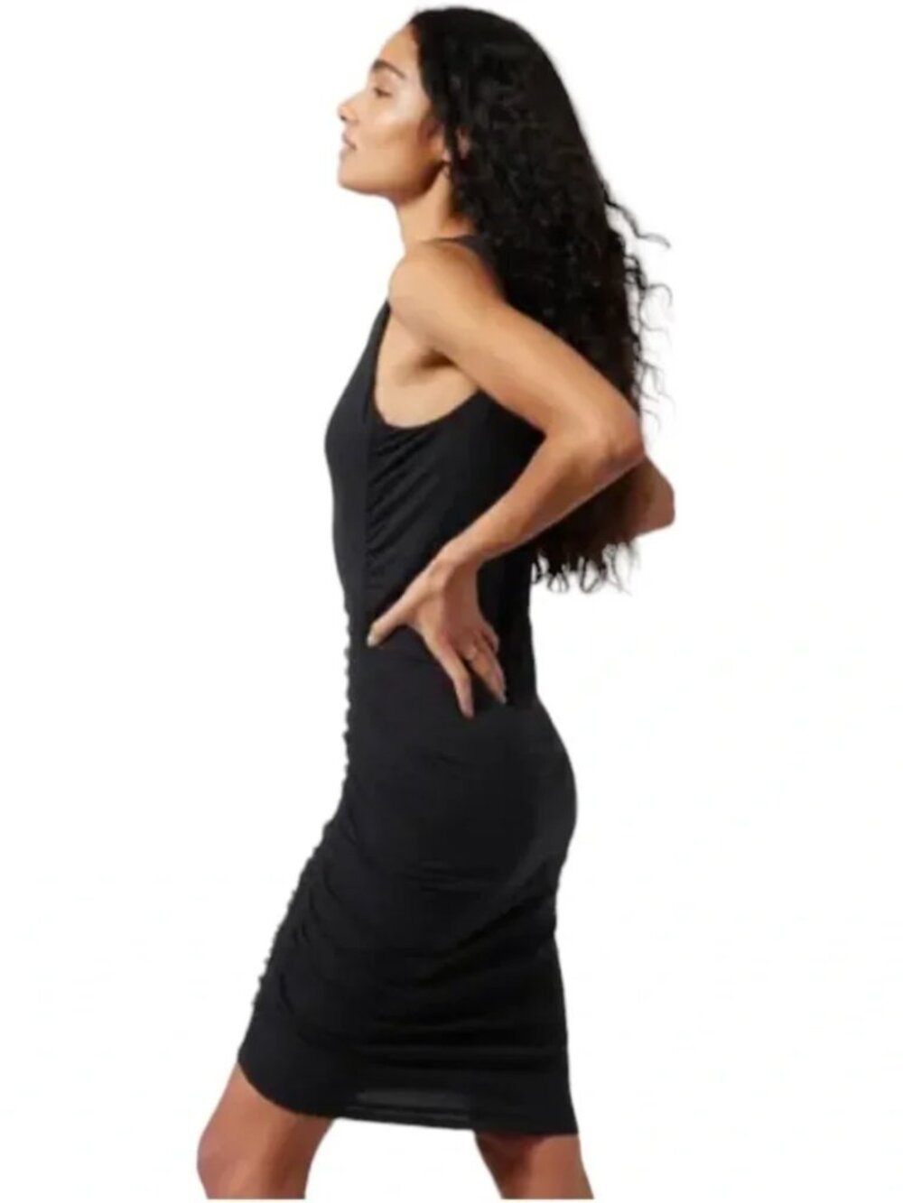 Athleta Black Stella Dress Ruched Bodycon Lined Knit Midi Size Small - Picture 3 of 10